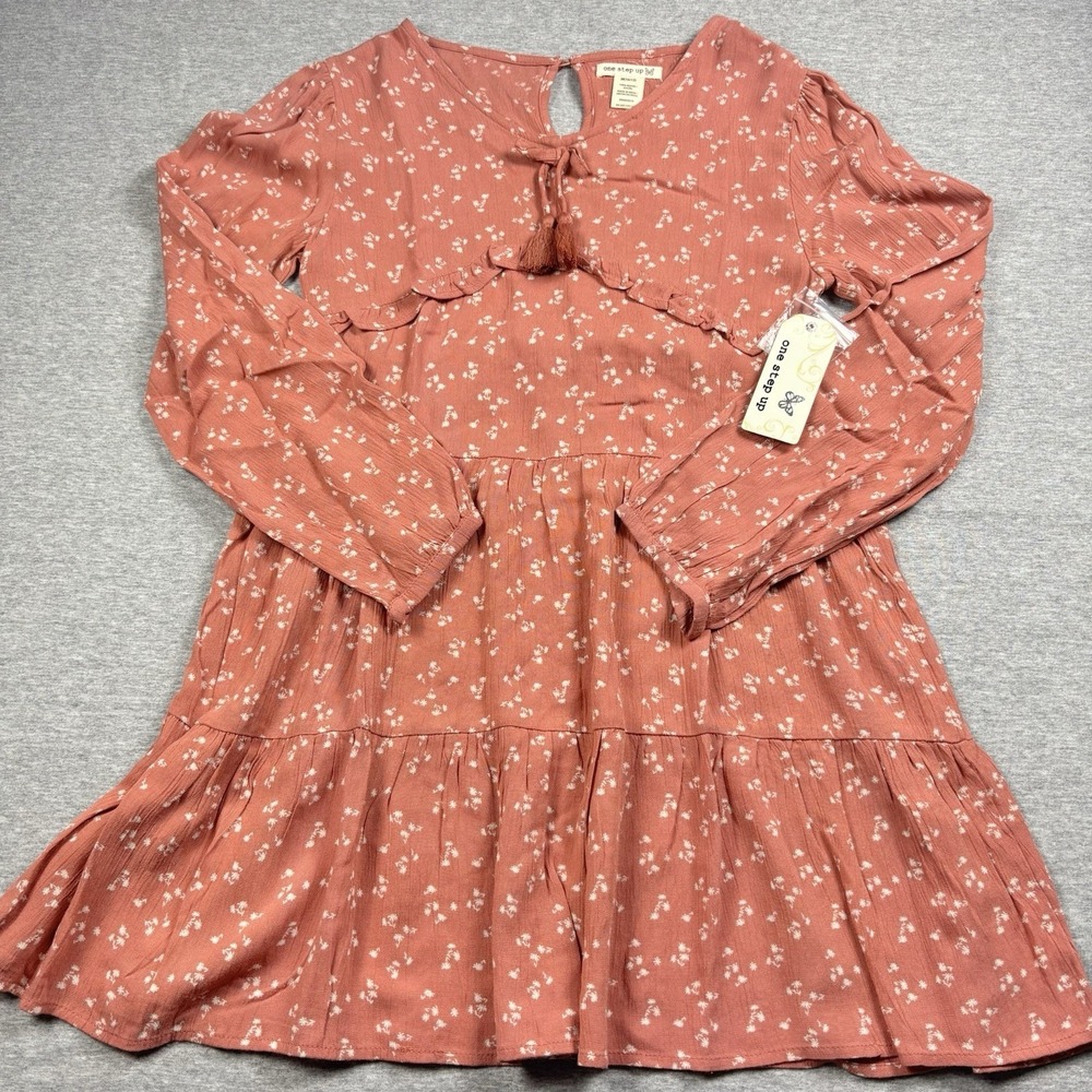One Step Up Tiered Dress Girls Medium 10/12 Long Sleeve NWT Dusty Rose Y2K‎